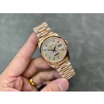 Sunday date display series women's watch with diamond-set dial, rose gold bezel, 36mm case, and rose gold President-style bracelet.
